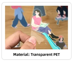 Detailed close-up of transparent PET character sticker with stylish female illustration