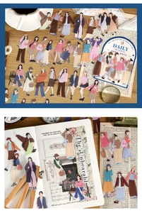 Detail view of fashion character PET stickers on a planner with various outfit styles