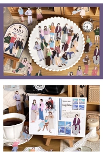 Fashionable PET stickers set showing girls illustrations on a white tray and planner