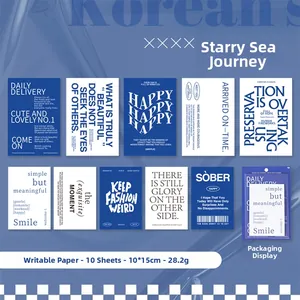 Detail view of 10-piece minimalist blue and white aesthetic sticker set for journaling