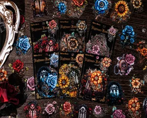 Autocollants PET steampunk avec fleurs mécaniques et engrenages sur fond de bois sombre