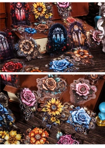 Détails macro des autocollants PET steampunk avec engrenages et motifs floraux