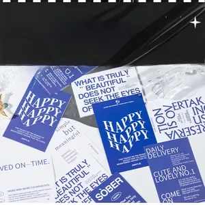 Detail of minimalist Klein Blue decorative stickers with English typography for journaling