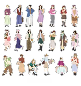 Flat lay of 20 assorted PET stickers featuring girl characters and fashion accessories