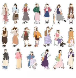 Detail of 20 fashion illustrated aesthetic girl PET stickers for DIY scrapbooking journal