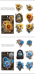Détails d'autocollants PET fleurs mécaniques steampunk avec impression à l'encre blanche