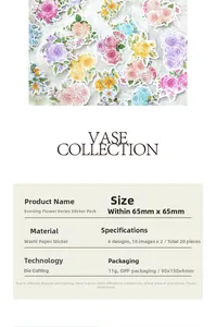 Detail of floral washi stickers showing 65mm specs and 20 piece count per pack
