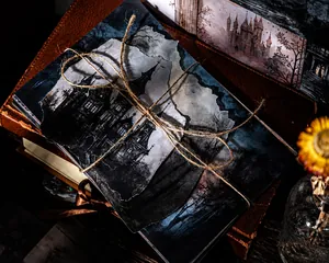 Gothic-Scrapbooking-Papierset mit dunklen Illustrationen von Schloss und Wald
