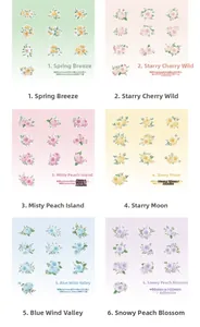 Macro display of six floral sticker themes including spring green and pastel pink patterns