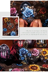 Détail d'autocollants PET steampunk translucides avec engrenages et fleurs rétro