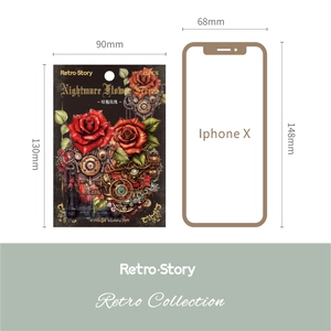 Stickers roses mécaniques avec engrenages montrés à côté d'un iPhone X pour taille