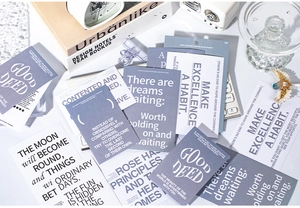 Detail of aesthetic English quote stickers set for DIY journal and scrapbook decoration