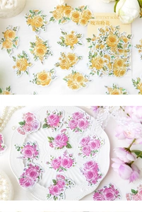 Detail of vintage PET floral stickers with elegant yellow and pink rose designs