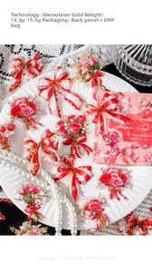 Detail of 3D laser gold PET stickers featuring red floral and lace bow designs