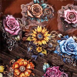 Autocollants PET Steampunk aux motifs floraux et engrenages sur un fond vintage sombre