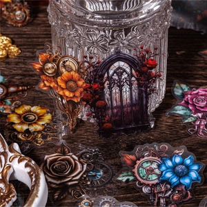 Autocollants PET gothiques steampunk avec fleurs mécaniques et engrenages sur bois sombre