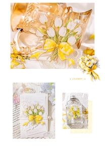 Detailed view of yellow tulip stickers with ribbon bows applied on glass and envelopes