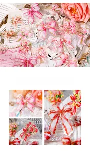 Detail of PET stickers with 3D laser gold bows and floral patterns for scrapbooking