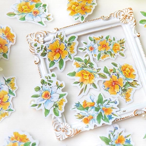 Floral stickers set with yellow hibiscus and blue narcissus for DIY scrapbook decoration