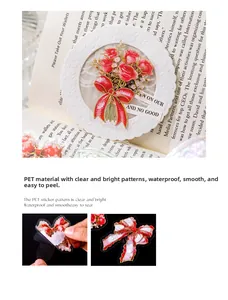 Detailed view of waterproof PET floral stickers with red roses and silk ribbon bows