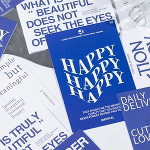 Artistic blue and white stationery cards set with modern English quotes typography
