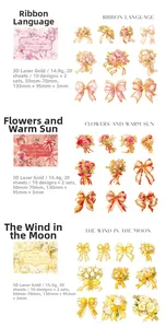 Detailed laser gold PET stickers featuring floral bouquets and bows for journaling