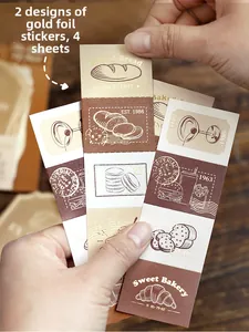 Close-up of vintage gold-stamped stickers featuring bread and cocktail themes