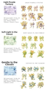 Detailed flat lay of PET stickers with laser gold flower and bow patterns for scrapbooking