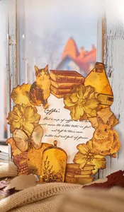 Detailansicht der Late Autumn Vintage-Aufkleber mit Goldfolie auf rustikalem Hintergrund