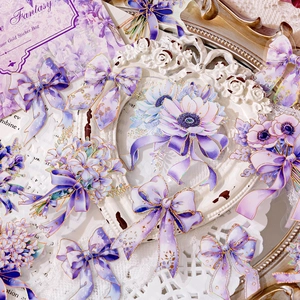 Laser gold PET stickers featuring purple floral and bow designs in dreamlike fabric style