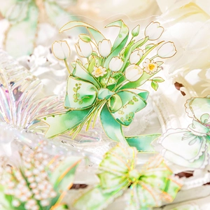 Floral PET stickers featuring green bows and white tulips with gold foil accents