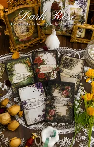 Macro detail of Dark Night Rose vintage scrapbooking paper with retro floral illustrations