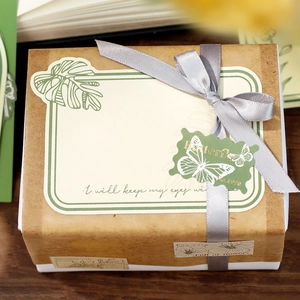 Vintage French stationery set with monstera leaf label and butterfly tag in a gift box