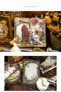 Close-up of vintage rose themed decorative paper with retro floral and butterfly patterns