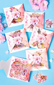 Macro detail of cherry blossom PET stickers with 3D petal buckle for scrapbooking