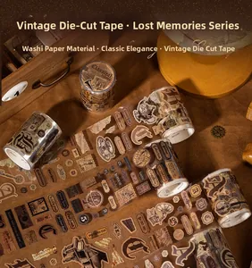 Detailed view of vintage die-cut washi tape featuring antique musical instruments and old notes