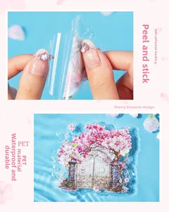 Detail of waterproof PET cherry blossom stickers showing transparency and easy-peel adhesive