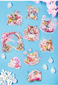 Detailed view of cherry blossom PET stickers with aurora shell light finish for journaling