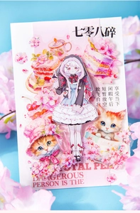 Detail of PET stickers featuring anime girls, cats, and cherry blossom themed tea party