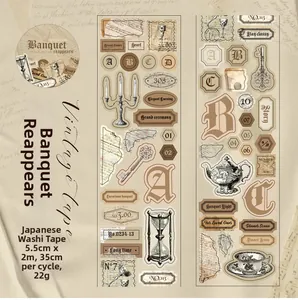 Macro view of vintage washi tape with antique keys and hourglass motifs on beige background