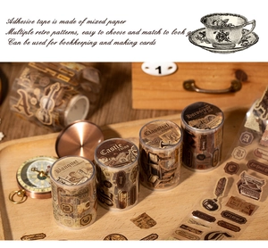 Macro shot of vintage style mixed paper washi tape for journaling with retro scenery themes