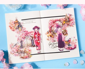 Detail of cherry blossom PET stickers with Japanese kimono girls and floral motifs