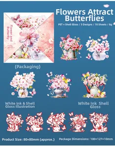 Detail of PET stickers with cherry blossom shell light finish and butterfly motifs