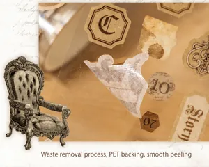 Macro detail of PET vintage scrapbooking tape showing classic furniture and stamp motifs