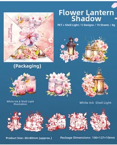 Macro detail of PET cherry blossom and lantern stickers with shell light finish texture