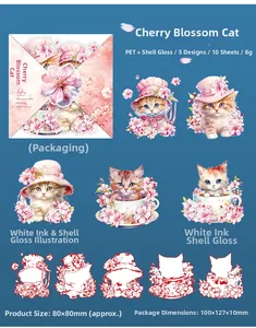 Detailed PET stickers with shell light finish featuring floral cats and white ink crafts
