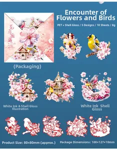 Detail of bird and cherry blossom PET stickers with white ink and shell light effect