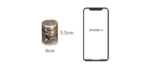 Size comparison of retro decorative tape roll showing 4cm diameter next to iPhone X