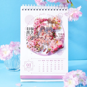 2024 vertical desk calendar featuring anime cherry blossom illustrations with twin-wire binding