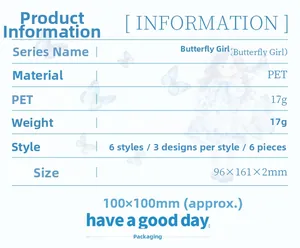 Detailed specifications for Butterfly Girl PET stickers showing sizes and 6-piece pack info